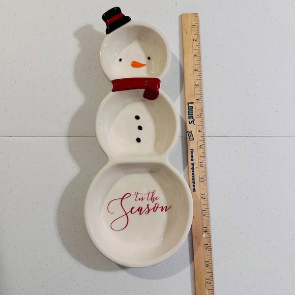 Ceramic Snowman 3 Section Server Dish Tis The Season By Grasslands Road - Picture 14 of 14